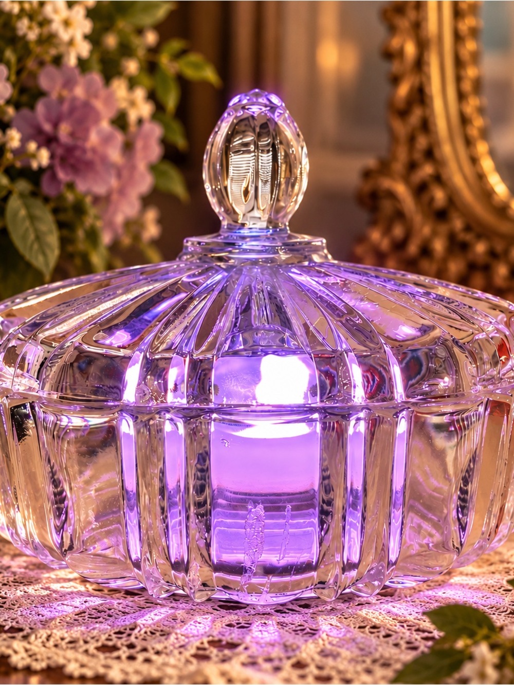 Vintage Clear Pressed Glass Lidded Candy Dish – Color Changing Fairy Lamp – 7”